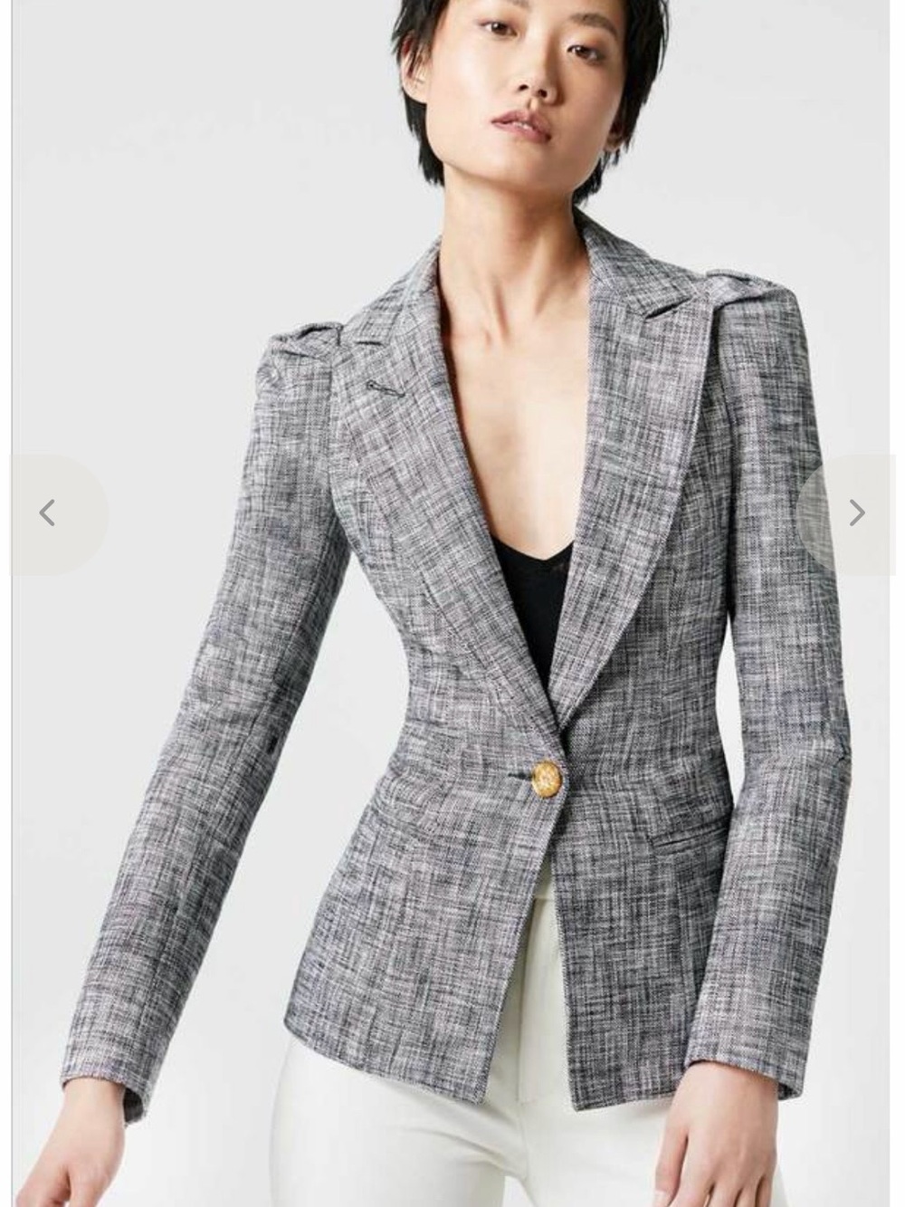 Smythe Box Pleat Gray Tweed Single-Button Blazer with Gold Buttons